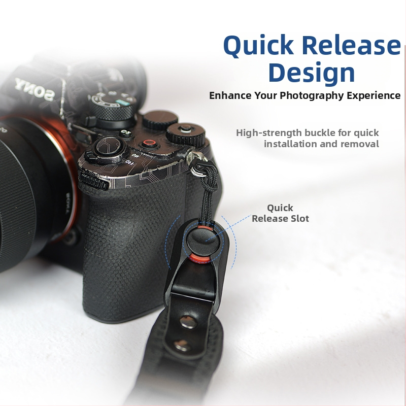 Kaamera käevõru lanyard pihkendatud sukelduja materjaliga, kiire vabastamise klapp ja kõrge tugevusega mikrofibre nahk; Mudel 20250526; maksimaalne koormus 50 kg; ühilduv erinevate DSLR ja peegelkaameratega