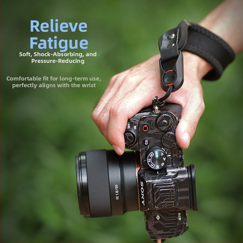 Kaamera käevõru lanyard pihkendatud sukelduja materjaliga, kiire vabastamise klapp ja kõrge tugevusega mikrofibre nahk; Mudel 20250526; maksimaalne koormus 50 kg; ühilduv erinevate DSLR ja peegelkaameratega