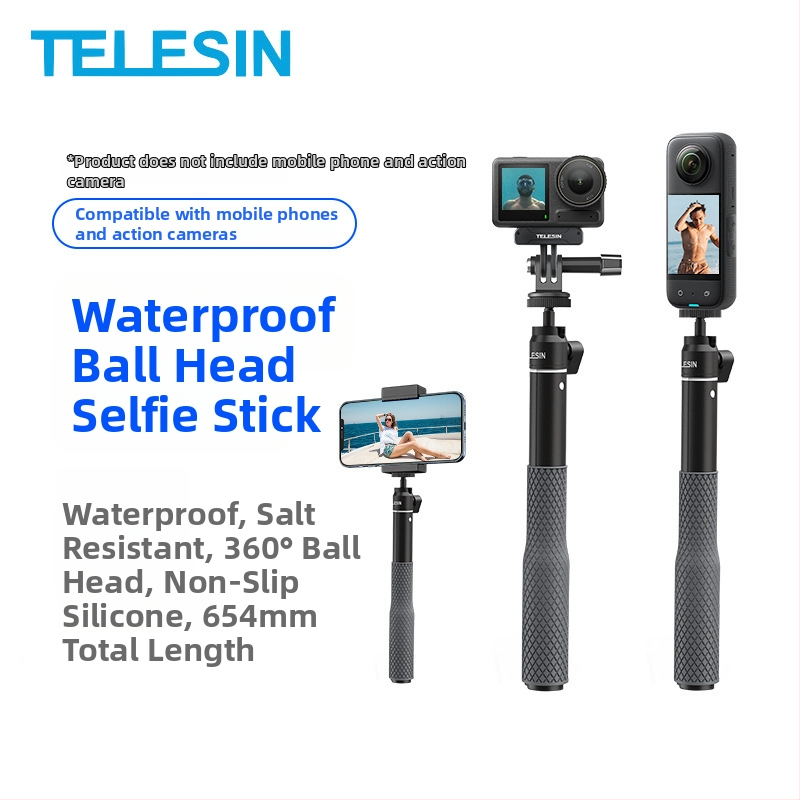 TELESIN Selfie tyč z hliníkovej zliatiny s vodotesnou guľovou hlavou, GoPro predĺženie tyče, universalné pre športové kamery a mobilné telefóny, model WSS-001