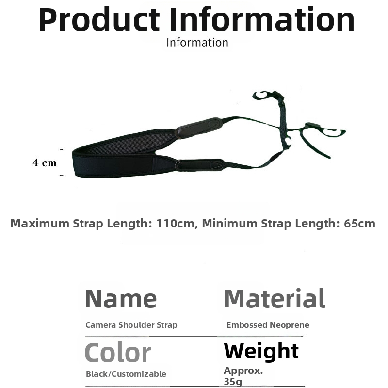 Kamera rihm kiirkinnitusega, reguleeritav pikkus, sukeldusmaterjal, maksimaalne koormus 3 kg, ühilduv kõigi kaameratega