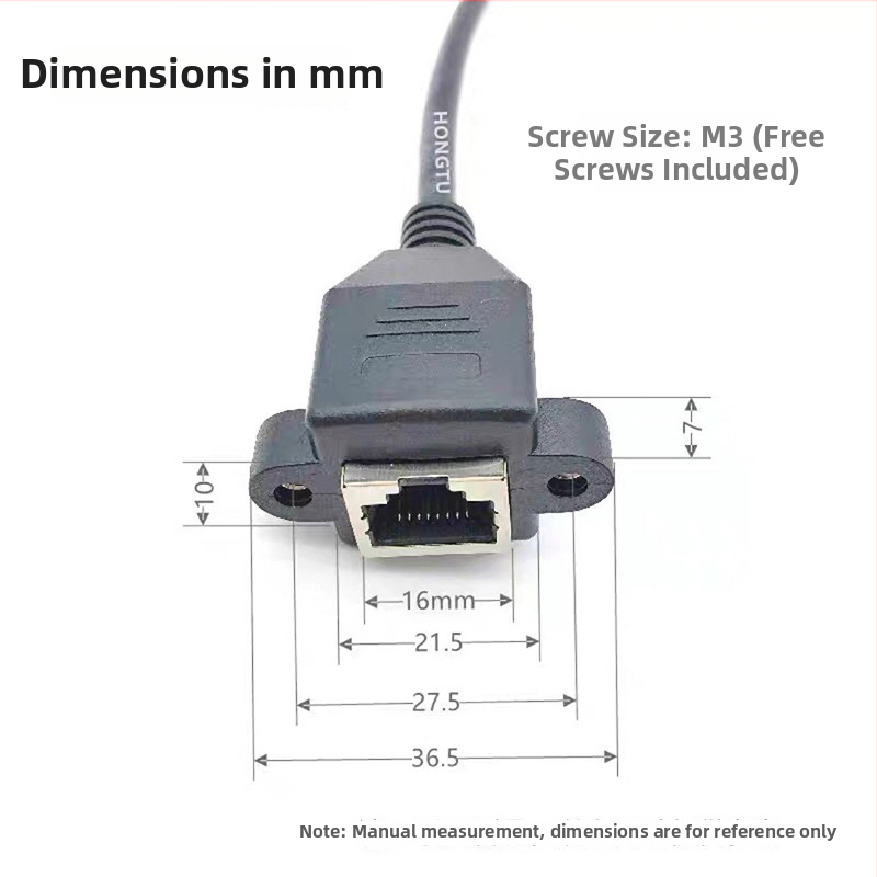 Cat6 Gigabit Ethernet pagarinājuma kabelis RJ45 vīrietis-sieviete ar ausu formas skrūvju atverēm fiksēšanai