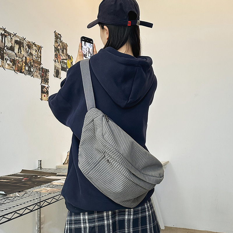 Corduroy Crossbody Táska, Unisex, Cipzár, Zseb a Telefonhoz, Poliészter bélés