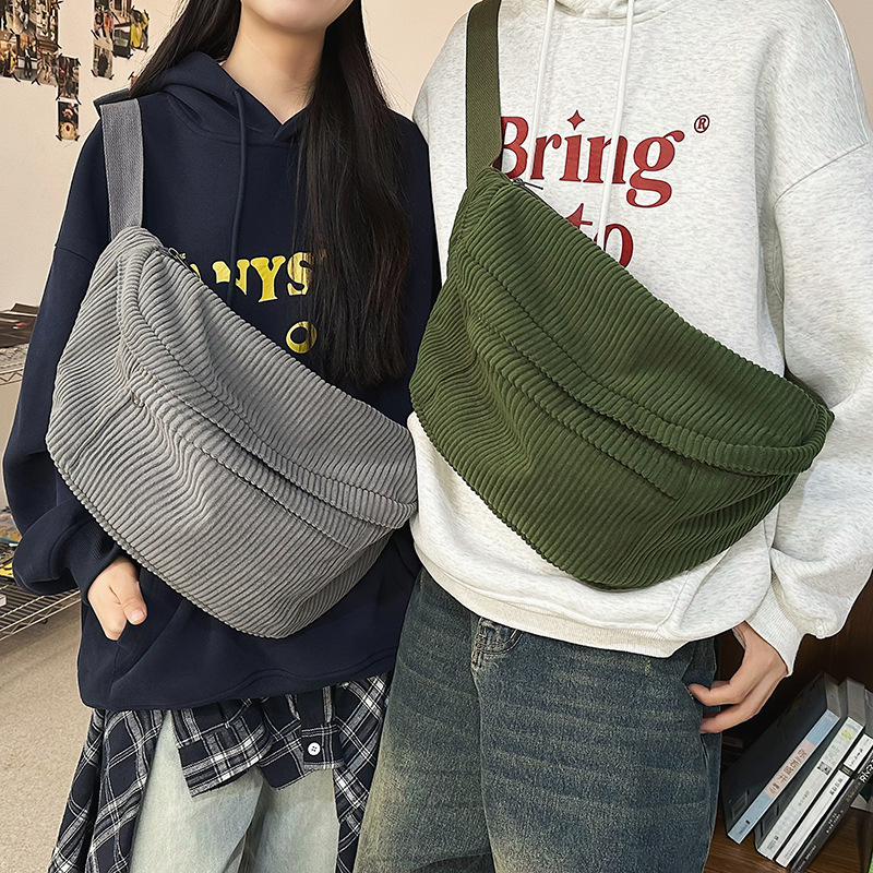 Corduroy Crossbody Táska, Unisex, Cipzár, Zseb a Telefonhoz, Poliészter bélés