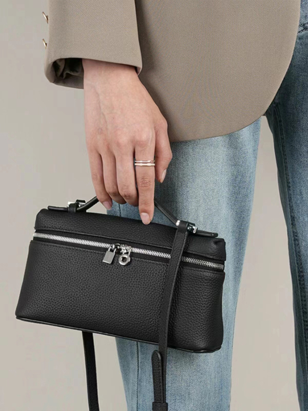 Torba za ručak od prave kože, prvi sloj teleće kože, horizontalni kvadratni oblik, zatvaranje zipom, podstava od ovčje kože