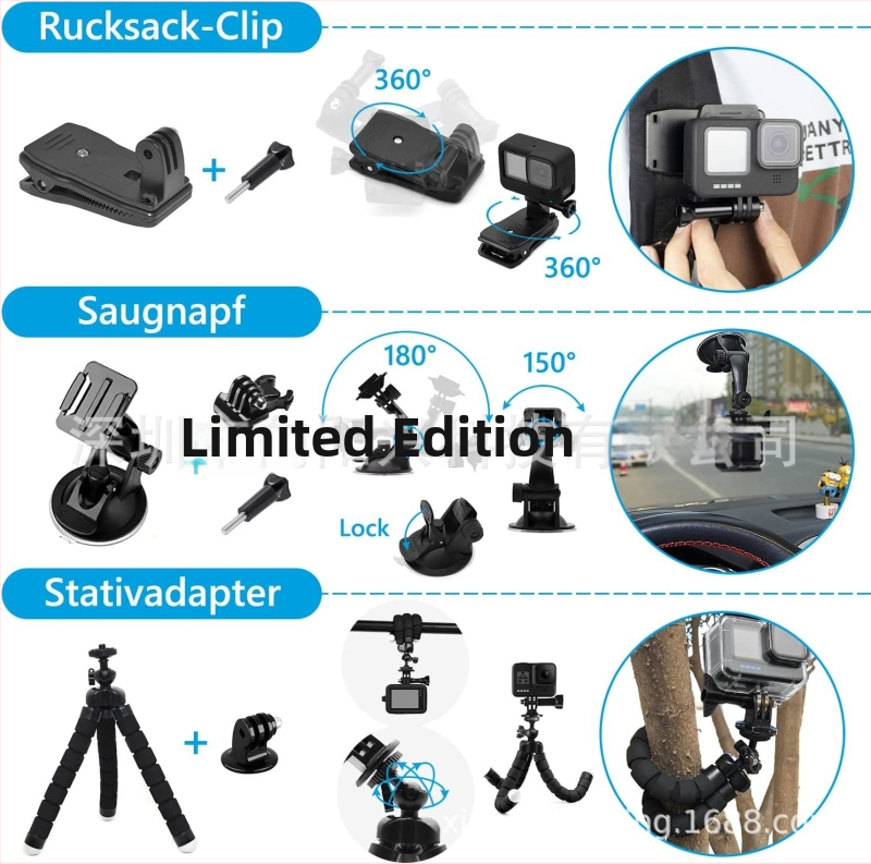 GoPro 54-in-1 aksesuāru komplekts Hero 9/10/11/12 – Metāla + plastmasas konstrukcija, ūdensdrošs korpuss, galvas siksna, krūšu siksna, filtrs, triecienizturība