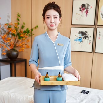 Ženski elastični radni komplet za beauty salon, SPA njegu kože, žene, 3/4 rukav, V-izrez, poliester-spandeks materijal (95% poliester, <30% spandeks), otporan na ulja, hlače, pogodno za proljeće i jesen, duljina 50–65 cm