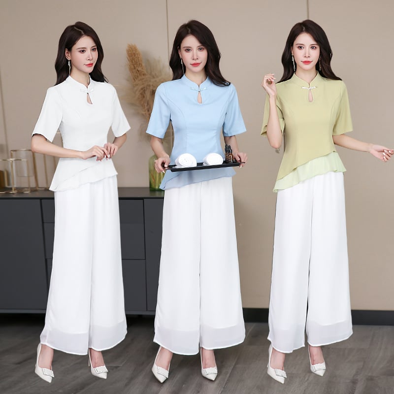 Uniformă feminină pentru masajul picioarelor: mâneci scurte, guler drept, material care elimină umezeala, croială salon de frumusețe, lungime 50–65 cm