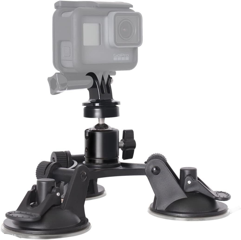 Suport auto cu ventuză pentru GoPro – model Xp01-1, Hongwei; Material: piese din plastic; Greutate maximă: sub 2 kg; Include: ventuză, cap pan/tilt și clips pentru telefon
