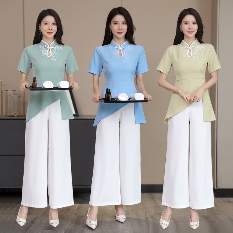 Ženska uniforma za pedikuru i salon – materijal poliester/acetat, dvodjelni kostim, kratki rukav, stojeći ovratnik, sve sezone