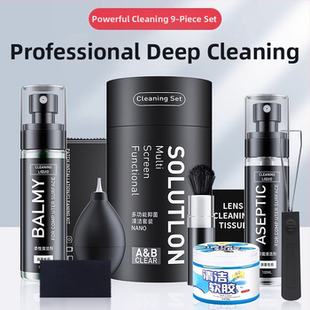 Vispārīgs tīrīšanas komplekts tastatūrām, viedtālruņiem, LCD displejiem un kamerām – satur virsmas aktīvās vielas un attīrītu ūdeni; OEM ražošana; drukāts logotips