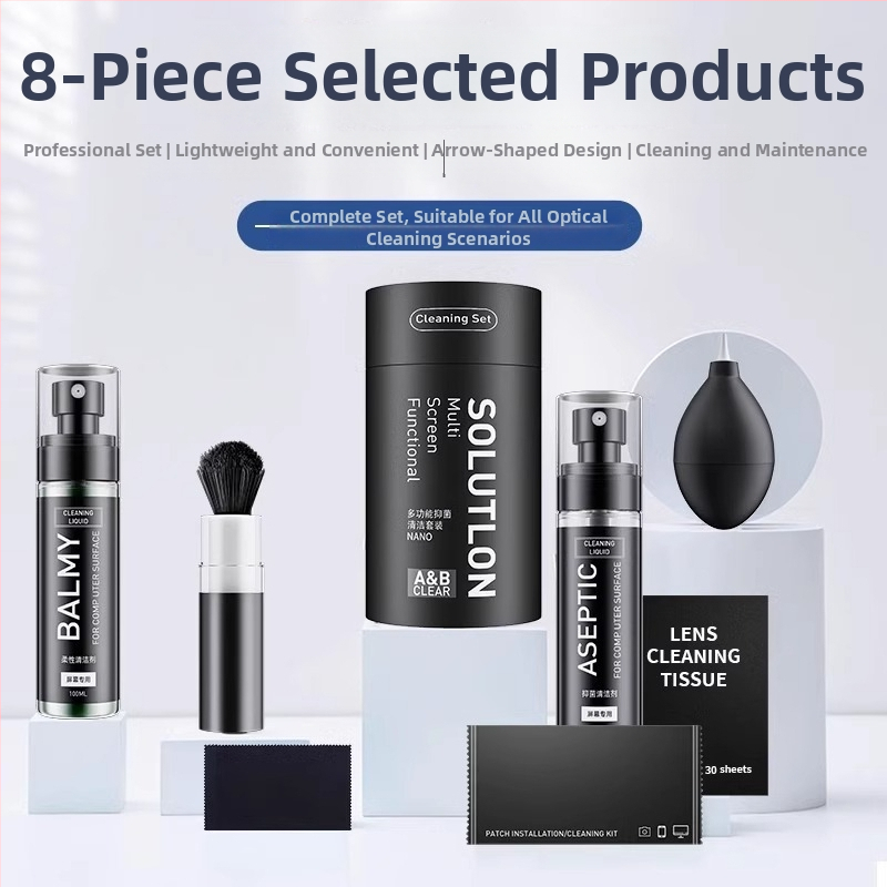 Vispārīgs tīrīšanas komplekts tastatūrām, viedtālruņiem, LCD displejiem un kamerām – satur virsmas aktīvās vielas un attīrītu ūdeni; OEM ražošana; drukāts logotips