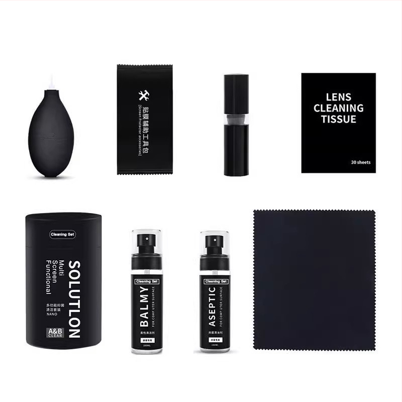 Vispārīgs tīrīšanas komplekts tastatūrām, viedtālruņiem, LCD displejiem un kamerām – satur virsmas aktīvās vielas un attīrītu ūdeni; OEM ražošana; drukāts logotips