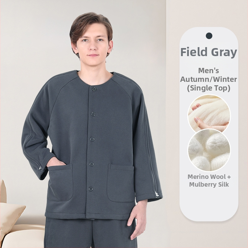 Medicínske domáce oblečenie pre starších mužov s PICC katétrom a dialýzou, po zlomenine a operácii, zimné teplé, ľahko naoblečenie, dlhé rukávy, okrúhly výstrih, bavlno-polyesterová zmes