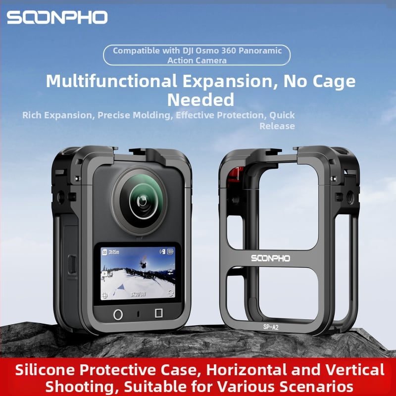 DJI Osmo 360 panoraminės kameros apsauginis rėmas – metalinė konstrukcija su objektyvo dangteliu