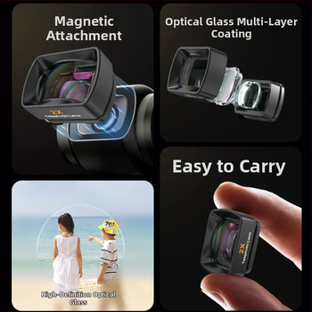 Magnetický UV filter pre DJI Pocket 3 s nastaviteľným ND zväčšovacím objektívom; optické sklo + hliníkové telo; obsahuje 2 šošovky