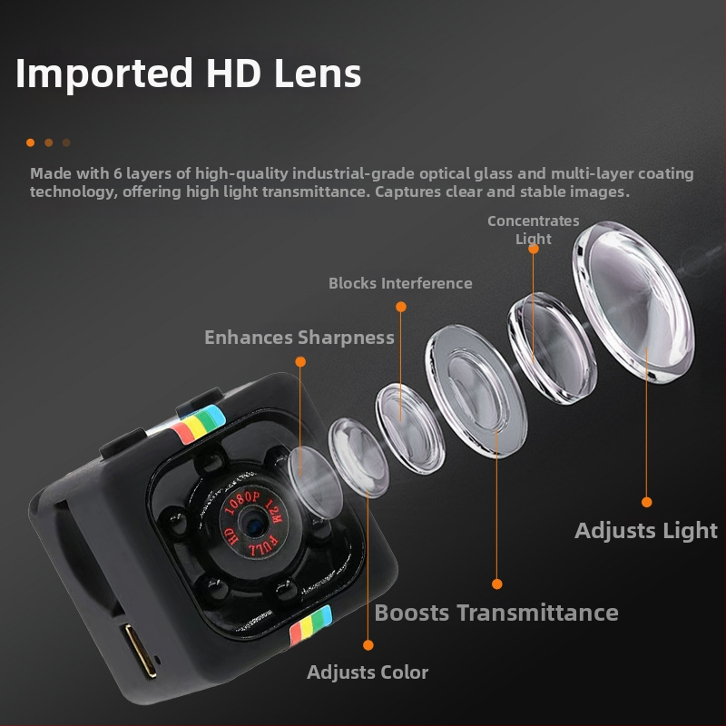 SQ11 mini kamera bez LCD, TF karta úložisko, 1080P video, matné plastové telo, výdrž batérie 40–70 minút