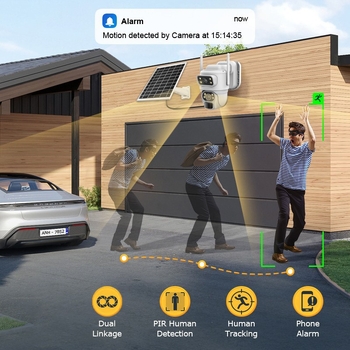 Κάμερα επιτήρησης με ηλιακή τροφοδοσία χαμηλής κατανάλωσης, WiFi/4G, διπλός φακός και διπλή οθόνη, HD, Έξυπνη (-25–60°C, 220V, ABS περίβλημα, IR εμβέλεια 10)