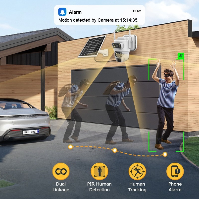 Κάμερα επιτήρησης με ηλιακή τροφοδοσία χαμηλής κατανάλωσης, WiFi/4G, διπλός φακός και διπλή οθόνη, HD, Έξυπνη (-25–60°C, 220V, ABS περίβλημα, IR εμβέλεια 10)