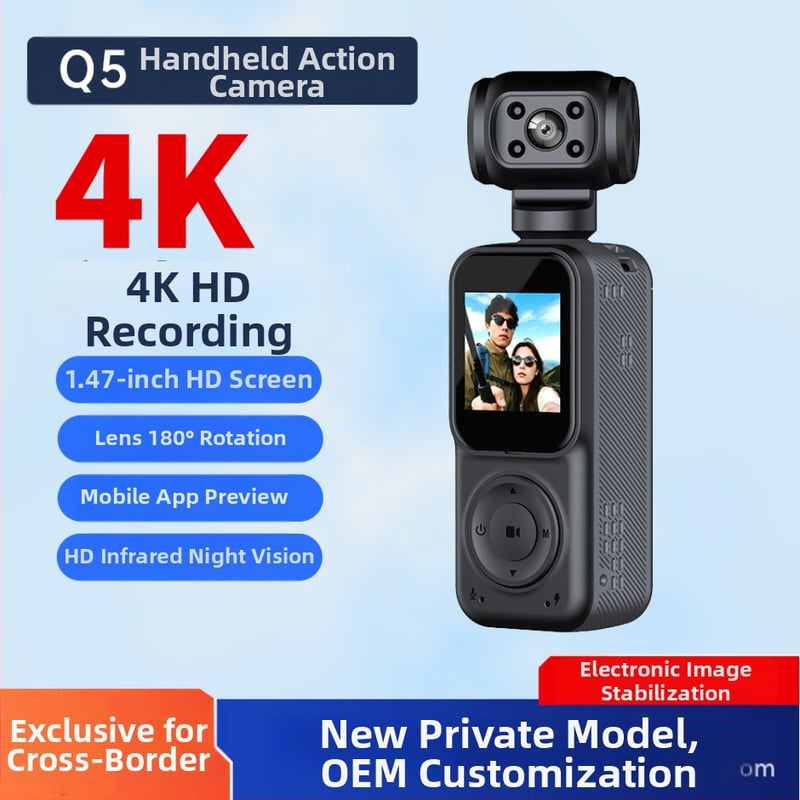 4K ručne vedená kamera pre vonkajšie športy a cyklistiku s obrazovkou, nočným videním a stabilizáciou — 140° širokouhlý objektív, 1,5" LCD, Micro SD podpora, 10h batéria, model Q5