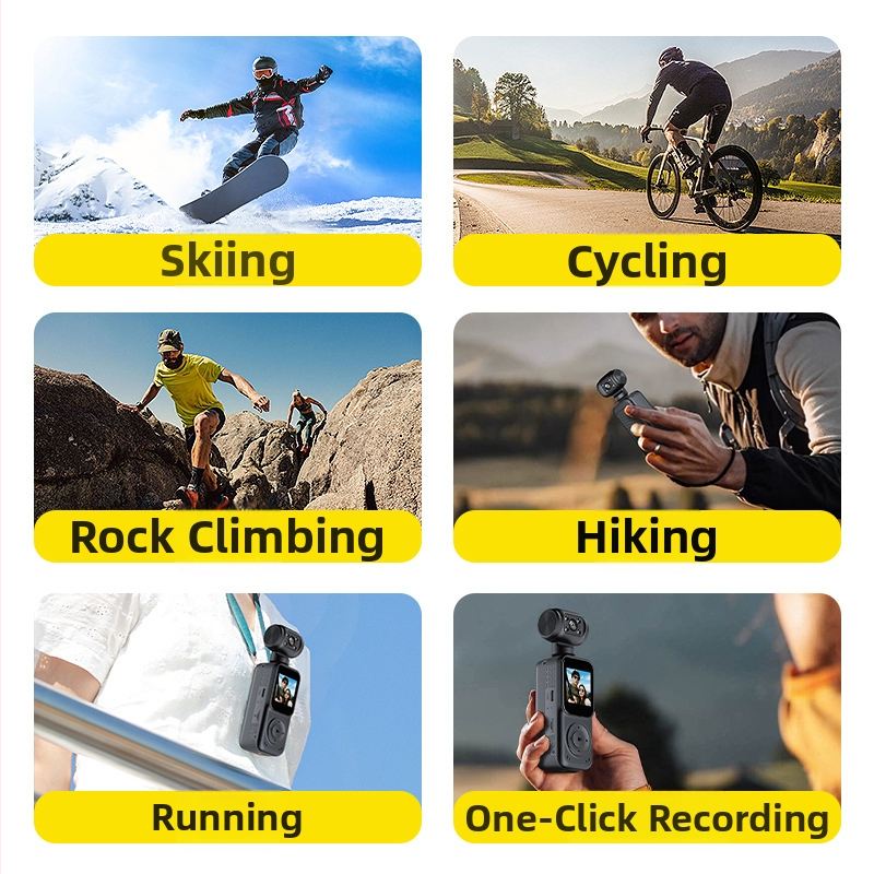 4K ručne vedená kamera pre vonkajšie športy a cyklistiku s obrazovkou, nočným videním a stabilizáciou — 140° širokouhlý objektív, 1,5" LCD, Micro SD podpora, 10h batéria, model Q5