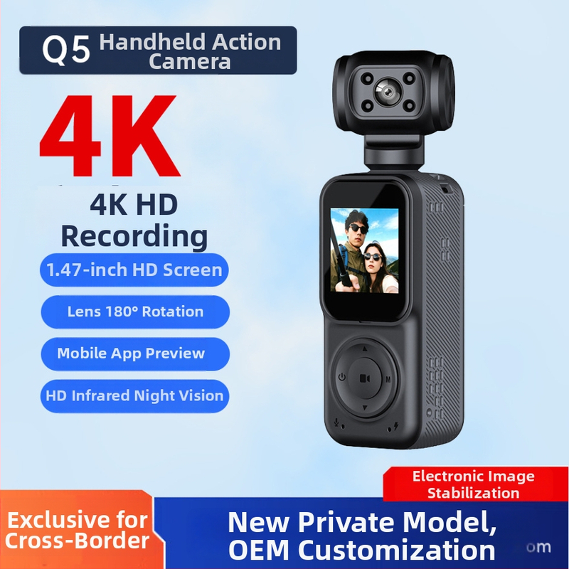 4K ručne vedená kamera pre vonkajšie športy a cyklistiku s obrazovkou, nočným videním a stabilizáciou — 140° širokouhlý objektív, 1,5" LCD, Micro SD podpora, 10h batéria, model Q5