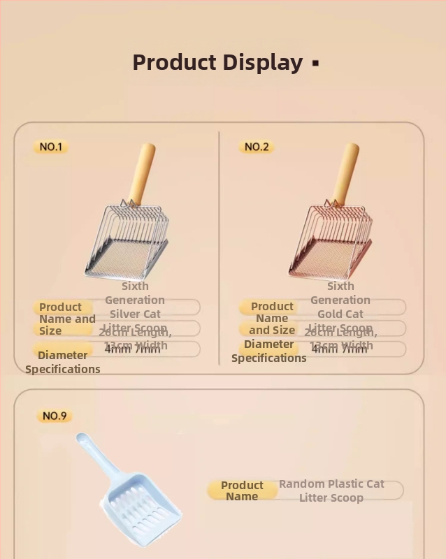 2-in-1 katės kraiko šaukštas; nerūdijančio plieno konstrukcija; plonas skylučių dizainas; dviejų funkcijų įrankis