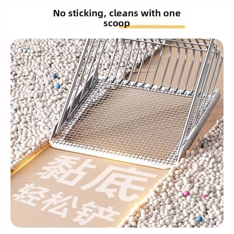 2-in-1 katės kraiko šaukštas; nerūdijančio plieno konstrukcija; plonas skylučių dizainas; dviejų funkcijų įrankis