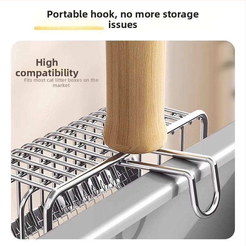 2-in-1 katės kraiko šaukštas; nerūdijančio plieno konstrukcija; plonas skylučių dizainas; dviejų funkcijų įrankis