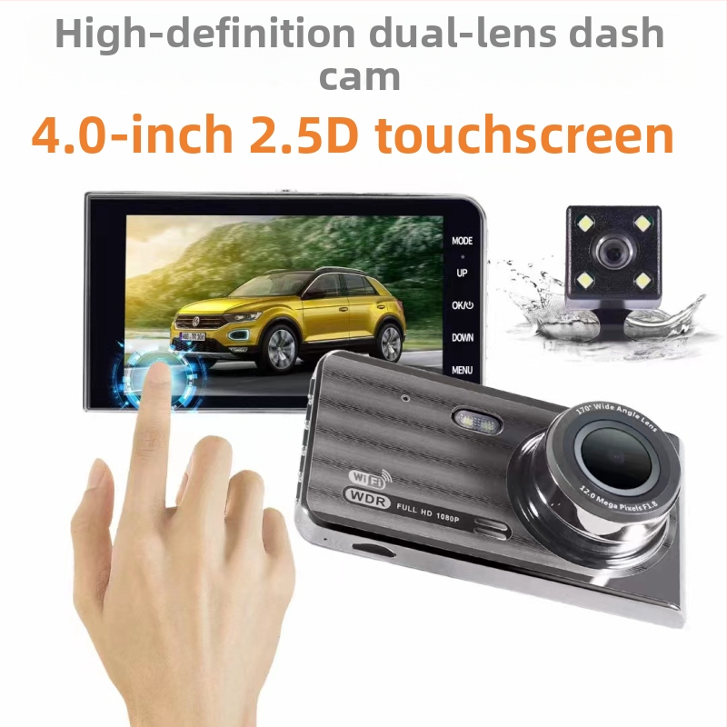 Duálny automobilový dash kamera 1080p, Wi‑Fi, dotykový displej, predný a zadný záznam, 170° široký uhol