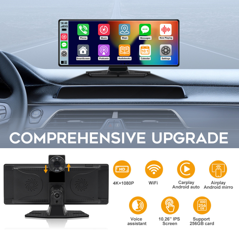 4K dvostruka leća automobilna kamera s bežičnim projektivanjem i navigacijom; podržava TF karticu do 128 GB; 170° vidno polje; USB/HDMI/AV sučelja; napajanje 12-24V
