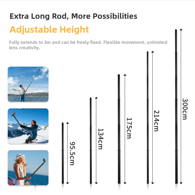 Karbona šķiedras selfie nūja Insta360 X5, GoPro, DJI Action; 7-daļīgs ultra viegls dizains; Modelis ST-15020030; Maksimālais svars līdz 2 kg