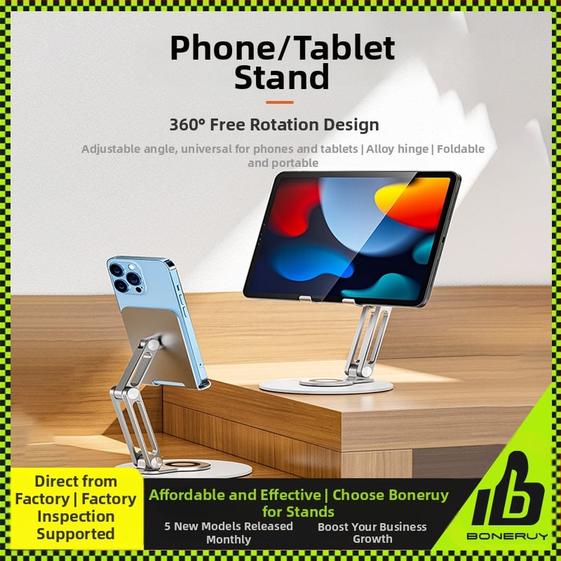 BONERUY držač za telefon i tablet — 360° rotirajući, sklopivi, aluminijska legura + metalna baza