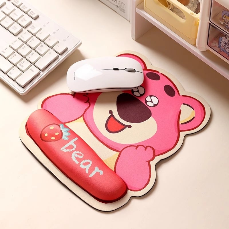 Strawberry Bear set podložnica za miša s podrškom za zglob — prirodna guma, jednostrana, crtani stil, model Pad-283