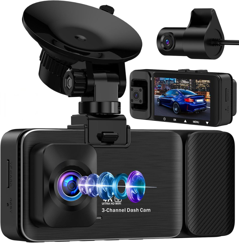 3-обективен автомобилен регистратор за движение с 4K запис, подобрено нощно виждане, Wi‑Fi управление чрез приложение и GPS траектория