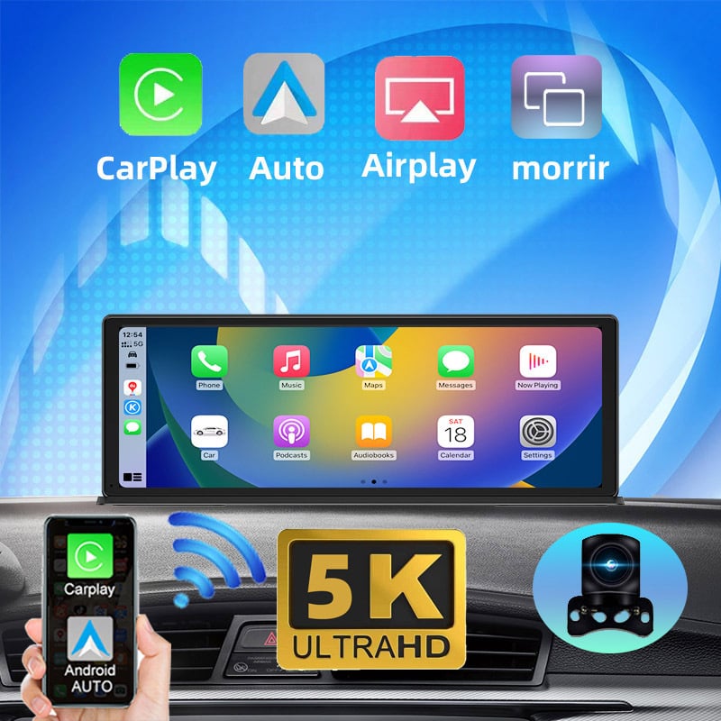 Регистратор за централна конзола със CarPlay и Android Auto, екранна проекция, двойно заснемане отпред и отзад, 2160P видео, 170° зрителен ъгъл