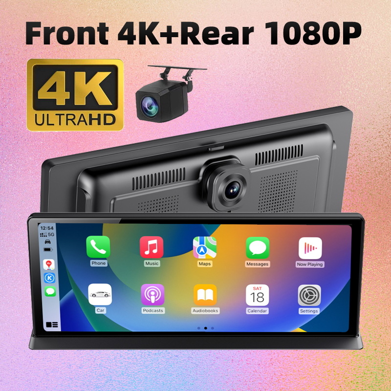 Регистратор за централна конзола със CarPlay и Android Auto, екранна проекция, двойно заснемане отпред и отзад, 2160P видео, 170° зрителен ъгъл