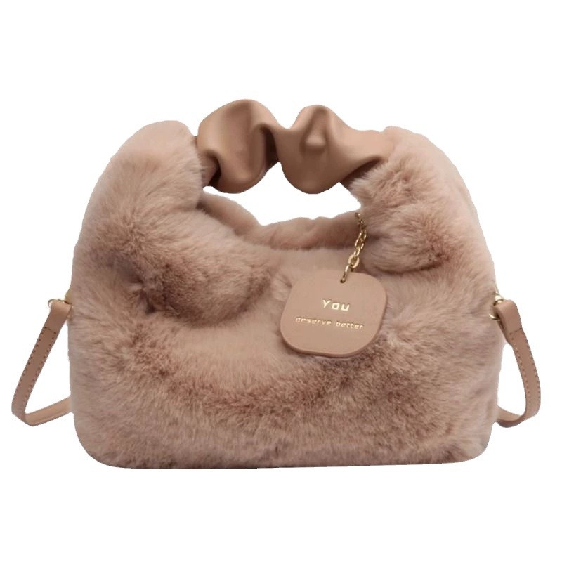 Pliš Crossbody torbica — gradski jednostavan stil, uspravni kvadratni oblik, zatvaranje na zip, podstava od sintetičke kože, jedan remen preko ramena