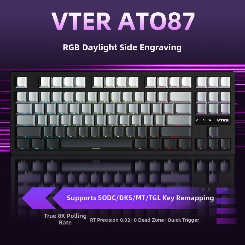 87‑klávesová mechanická klávesnica s káblovým pripojením, RGB podsvietením, PBT keycapy a bočné vygravírované priehľadné gradientné keycapy