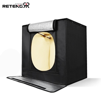 RETENG mini studio cu iluminare LED reglabilă; un studio de fotografiat pliabil și portabil; Materiale: placă LED din poliester; Dimensiuni: 40×40×40 cm; Greutate: 2,8 kg.