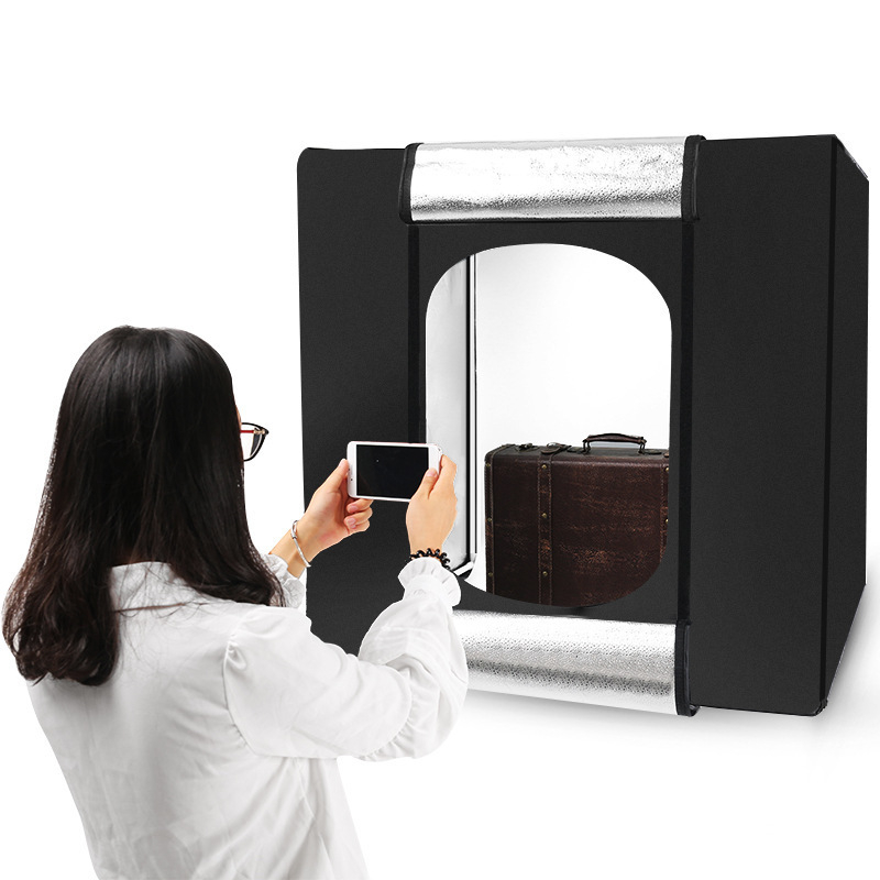 Cutie de iluminat LED pentru studio mic, portabilă, cu softbox și fundal (din poliester + panou LED)