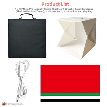 Studio foto mic cu 2 LED, design pliabil portabil, construcție din PVC, țesătură de fundal.