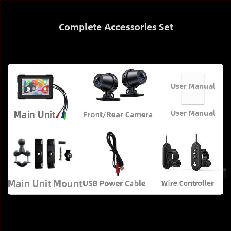 5 collu motociklu CarPlay dash kamera MT01, priekšējā un aizmugurējā ierakstīšana, 170° skata leņķis, 2.0 MP sensors, atmiņa līdz 64 GB