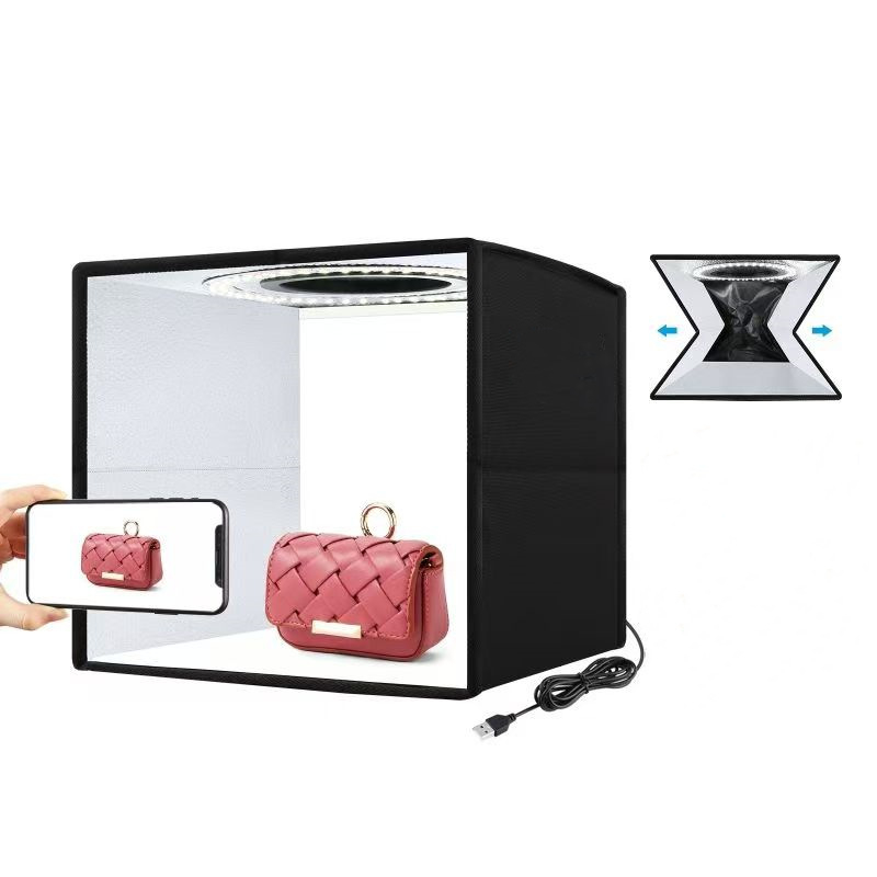LED mini studija maziem priekšmetiem fotogrāfijai — softbox, galda gaismas kaste still life, pielāgojama, atstarojošs materiāls, trokšņu samazināšana