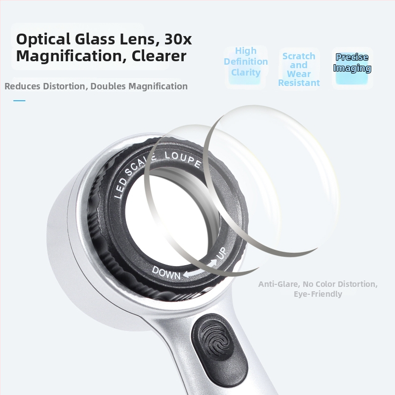 Ručný zväčšovák 30×, nabíjateľné LED svetlo s 4 farbami, pre antikčné šperky, kaligrafiu a maľby, zbierky tabaku a vína