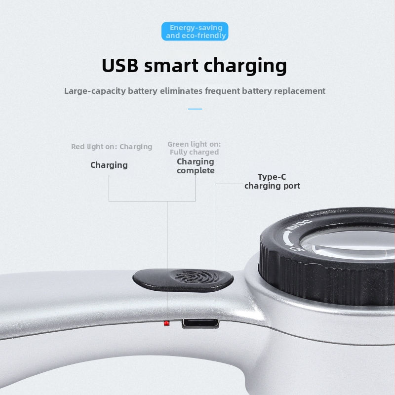 Ručný zväčšovák 30×, nabíjateľné LED svetlo s 4 farbami, pre antikčné šperky, kaligrafiu a maľby, zbierky tabaku a vína