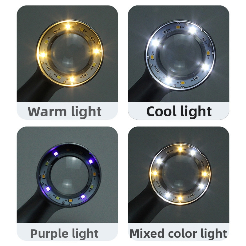 Ručný zväčšovák 30×, nabíjateľné LED svetlo s 4 farbami, pre antikčné šperky, kaligrafiu a maľby, zbierky tabaku a vína