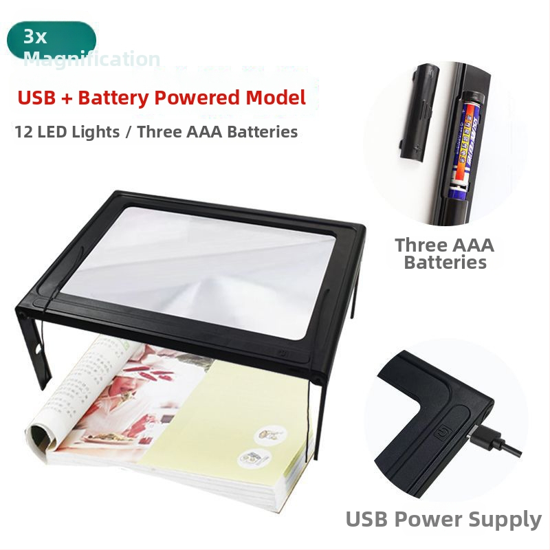 Viacúčelová lupa na stolné a na nosenie na krk, 12 LED, 3× zväčšenie, pre starších čitateľov