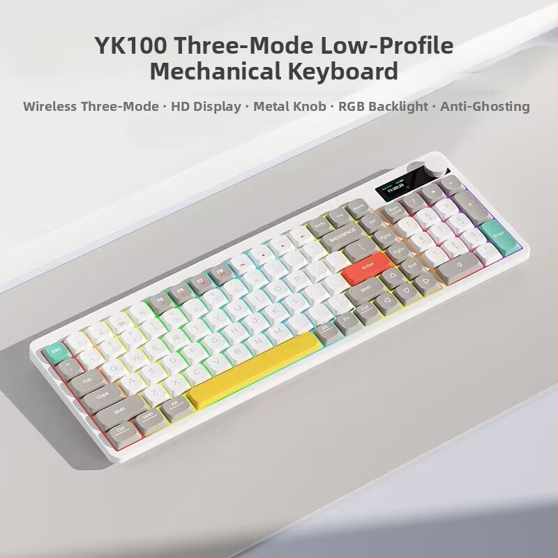 YK100 mechanická klávesnica s integrovaným displejom, tri režimy pripojenia: bezdrôtové, káblové, Bluetooth, červené mechanické spínače, PBT klávesy s sublimáciou