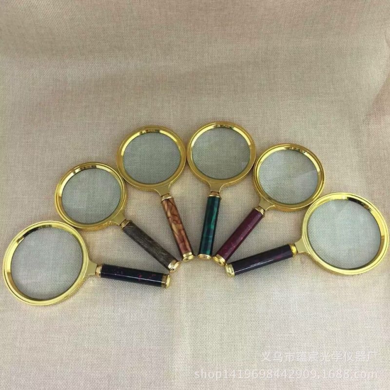 Kézi nagyító olvasáshoz, 10x nagyítás, műjáde fogantyú, aranyozott műanyag test, modell 70mm