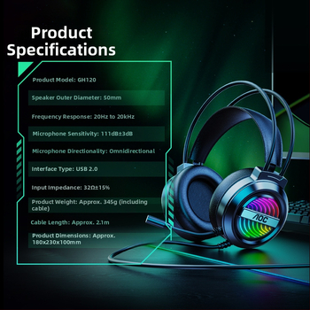 AOC GH120 Esports juhtmega USB mängukõrvaklapid PC jaoks, mikrofoniga, 40 mm draiverid, sagedusvahemik 20–20000 Hz, 2 m kaabel